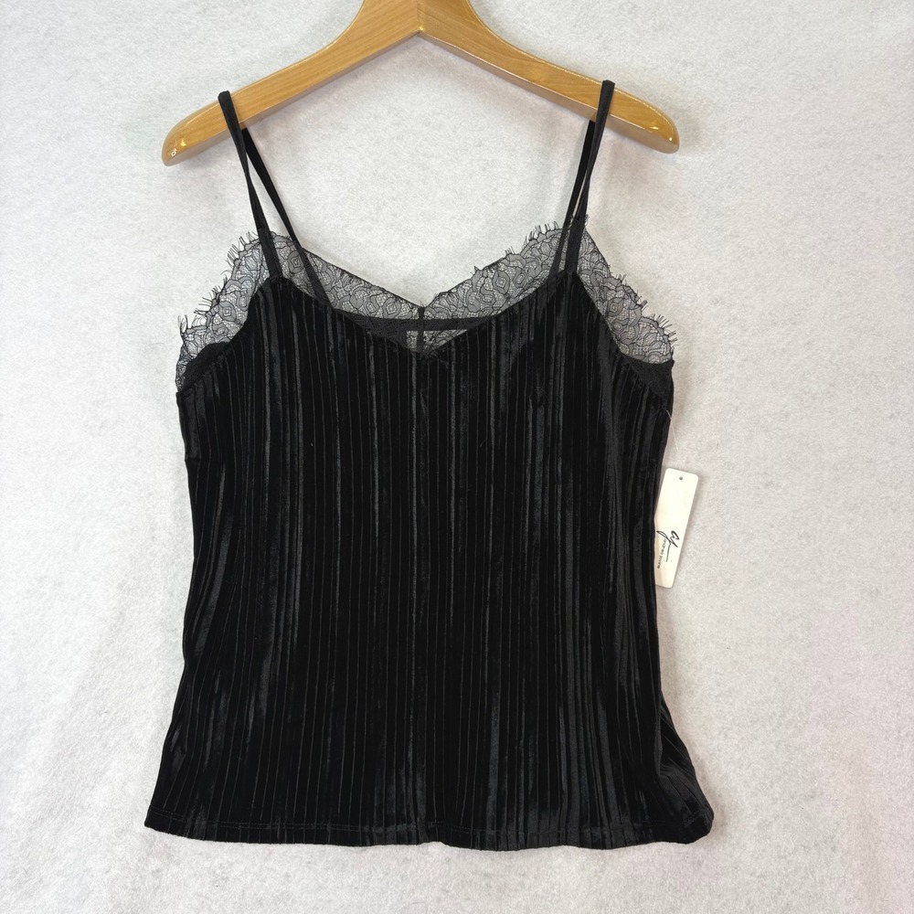 Andrea Jovine Pleated Lace Trim Black Velvet Cami Women Large Romantic Goth